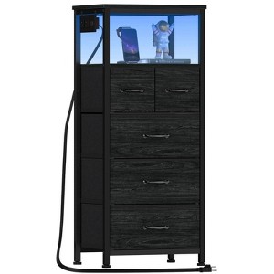 Aoibox Tall Nightstand Chest with RGB LED Lights Charging Station 5 Fabric Drawers Wood Shelf Black Oak Furniture - 1 of 4