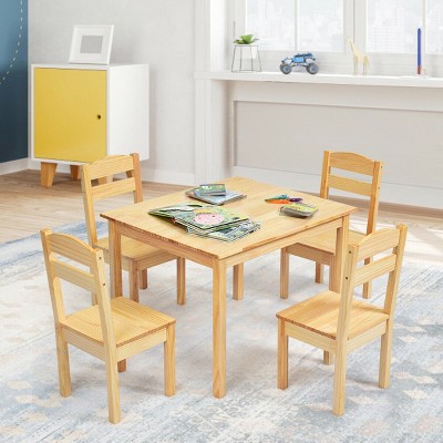 Natural Pine Wood Kids Table and Chair Set, 5-Piece