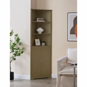 Kings Brand Furniture Tall Wooden Corner Cabinet with 2 doors & 3 shelves—perfect for saving space in the bathroom, kitchen, or living room. - 1 of 4
