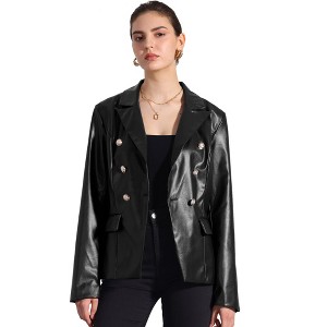 INSPIRE CHIC Women's Notched Lapel Faux Leather Double Breasted PU Work Formal Jackets - 1 of 4