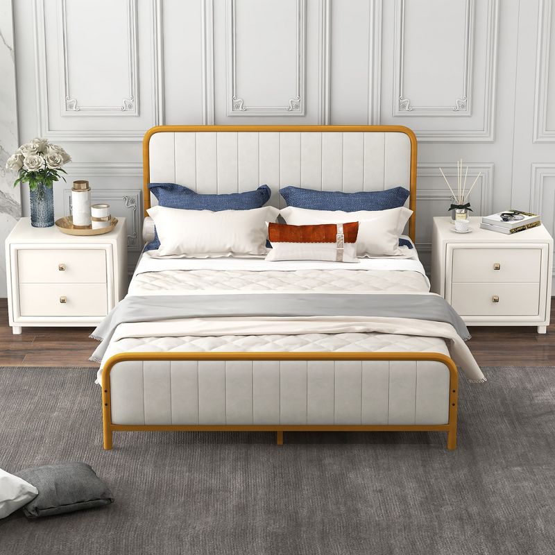 Costway Full Gold Metal Bed Frame Upholstered Platform Bed with Velvet Headboard, 4 of 11