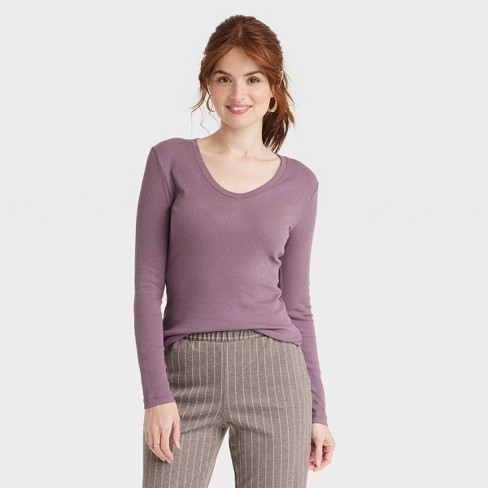 Women\'s Long Sleeve V-neck T-shirt - A New Day™ Lilac Purple L : Target | V-Shirts