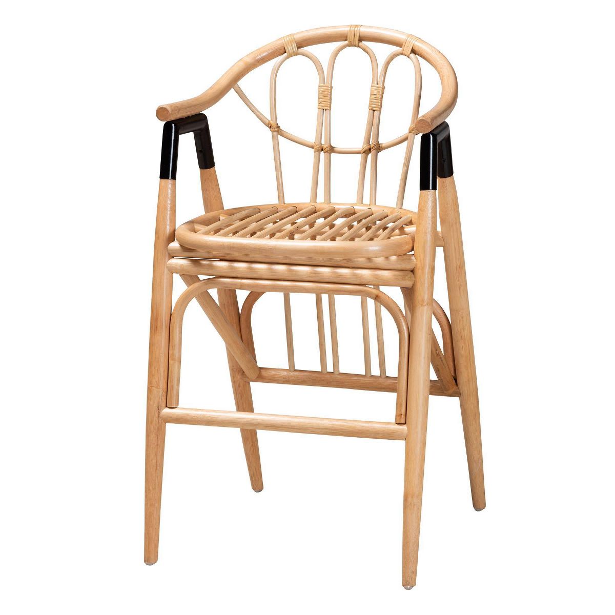 bali & pari Cyntia Rattan Counter Height Barstool Natural Brown/Black: Handcrafted, Bohemian Style, Metal Accents - thumbnail 2