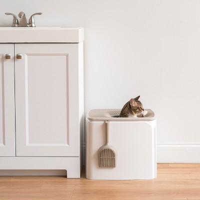 White and Gray Top Entry Cat Litter Box with Scoop