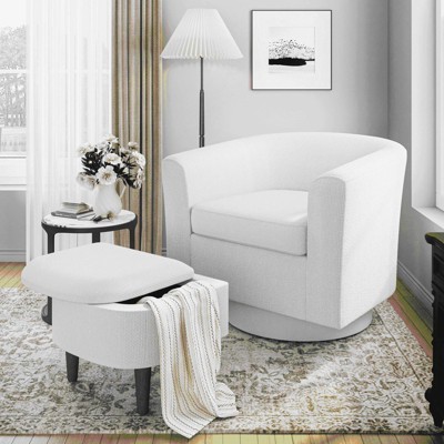 MAYEERTY Swivel Barrel Accent Chair with Ottoman, Modern Single Sofa, Upholstered Armchair with Storage Space for Home, White