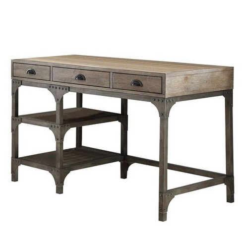 Wood And Metal Desk With 3 Drawers And 2 Side Shelves Brown/Gray - Benzara  : Target