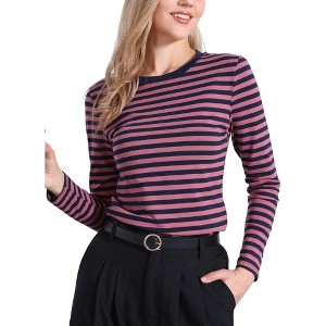 INSPIRE CHIC Women's Striped Long Sleeve Crew Neck Slim Fit Color Block T-Shirts - 1 of 4