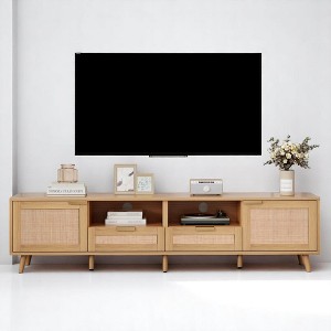 Rattan TV Stand for TVs up to 85'', Farmhouse Media Console, Entertainment Center with Solid Wood Legs, 2 Cabinets & Open Shelves,Storage Cabinet - 1 of 4