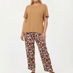 Anna-Kaci Lounge Women's 2-Piece Set Short Sleeve Knit Top and Printed Wide-Leg Pajama Pants with Soft Stretch Fabric - 1 of 4