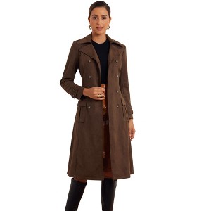 Allegra K Women's Faux Suede Notched Lapel Double Breasted Belted Long Sleeve Trench Coat - 1 of 4