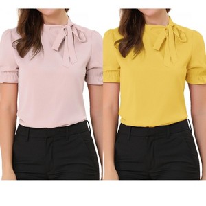 Allegra K Women's Elegant Bow Tie Neck Elastic Cuffs Office Short Sleeve Blouse 2 Pcs - 1 of 4