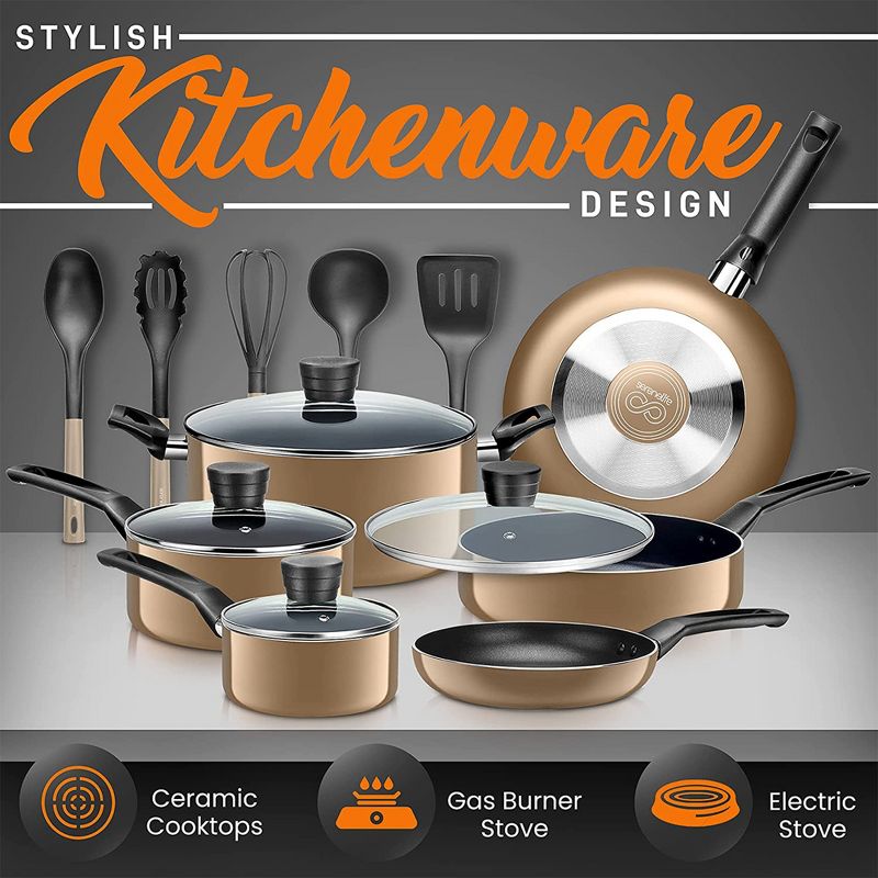 SereneLife 15 Piece Essential Home Heat Resistant Non Stick Kitchenware Cookware Set w/ Fry Pans, Sauce Pots, Dutch Oven Pot, and Kitchen Tools, Gold, 6 of 8