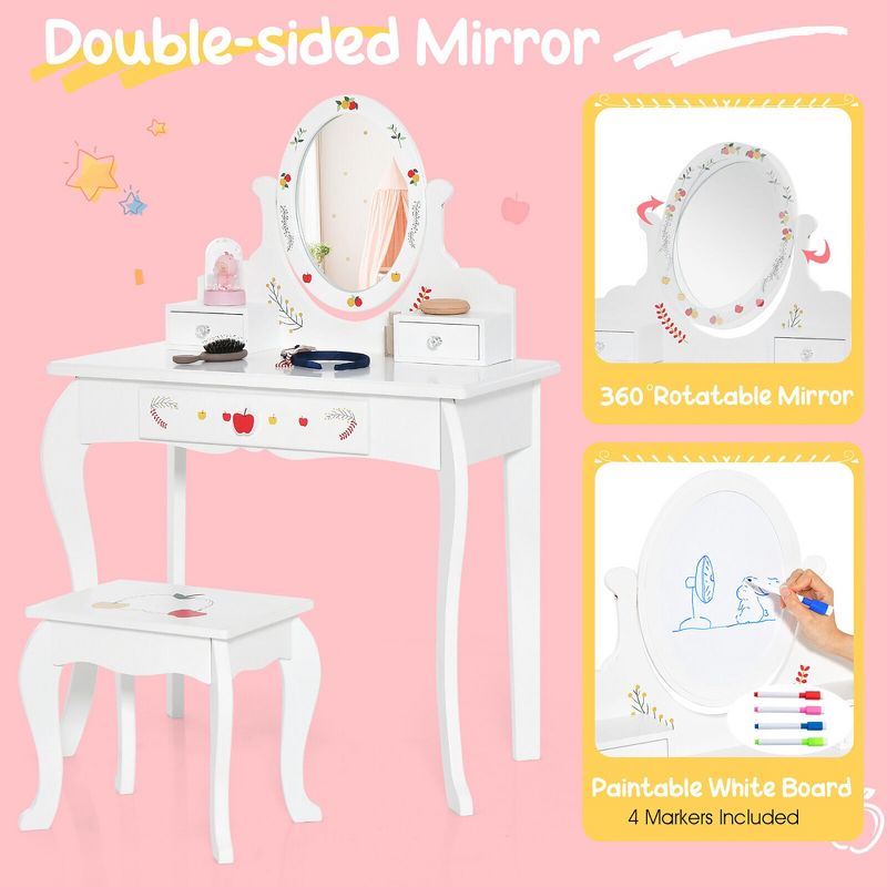 Tangkula Kid Vanity Table Stool Set Dual-use Rotatable Mirror Whiteboard 4 Markers, 5 of 11
