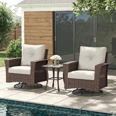 LayinSun Wicker Patio Furniture Set with Fire Pit Table, Classis Outdoor Conversation 360 Degree Swivel Chairs Set with Coffee Table