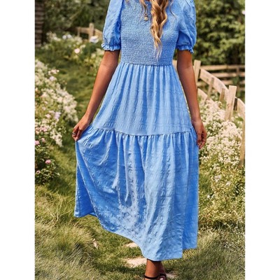 Womens Summer Puff Short Sleeve Maxi Dress Square Neck Smocked Tiered Ruffle A Line Long Flowy Beach Dresses