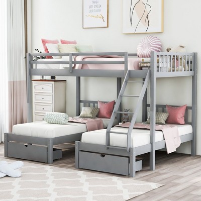 NicBex Full over Twin Loft Bed Triple Pine Bed Frame with Table, 2 Drawers, Inclined Ladder and Full Length Guardrail, No Box Spring Required