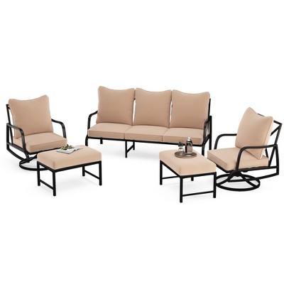 Maggift Patio Seating Set 5-Piece with Swivel Rocking Chair, Ottoman and Thick Cushion for Deck, Backyard and Garden, Beige, 23.2" * 26.8" * 34.2"
