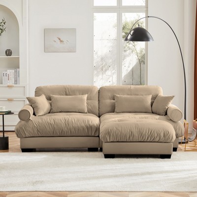 Aukfa Camel Velvet Large  Sofa with Bolster Armrests, Waist & Throw Pillows – Modern Couch for Living Room, Bedroom or Office