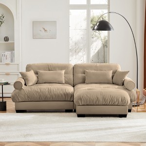 Aukfa Camel Velvet Large  Sofa with Bolster Armrests, Waist & Throw Pillows – Modern Couch for Living Room, Bedroom or Office - 1 of 4
