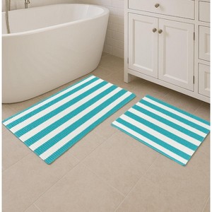Home Mart Goods Large 2 Piece Set Light Blue White Stripe Soft Cozy Plush Chenille Bath Mat Bathroom Rug - 1 of 3