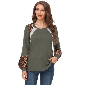 Clearlove Women's Leopard Print Tunic Tops Casual Color Block Blouse Long Sleeve T Shirt - 1 of 4