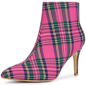 Allegra K Women's Plaid Pointed Toe Side Zip Stiletto Heel Ankle Boots - 1 of 4