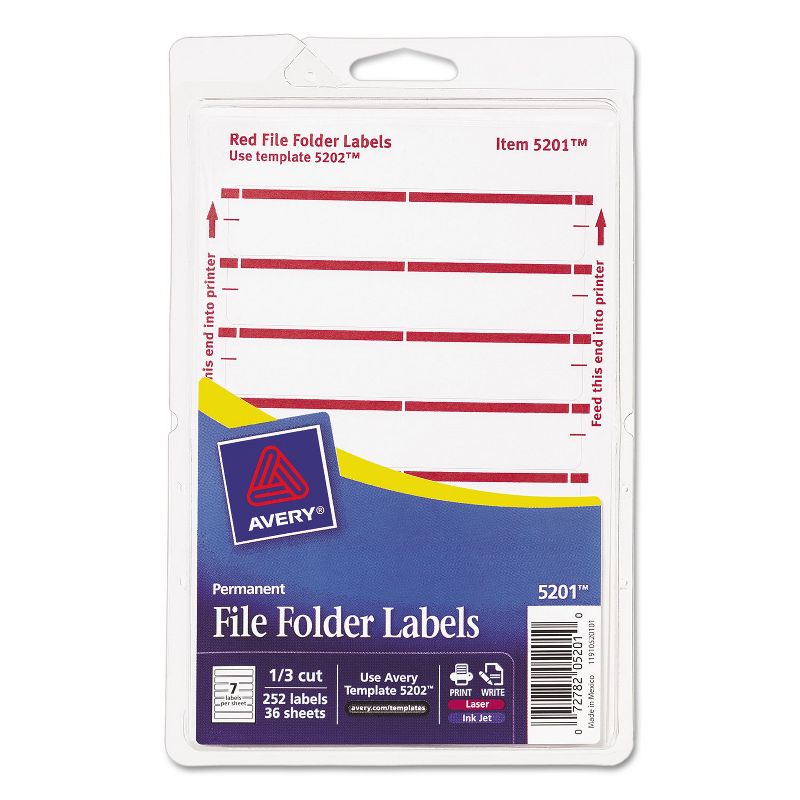 Avery Print or Write File Folder Labels 11/16 x 3 7/16 White/Dark Red Bar 252/Pack 05201, 1 of 9