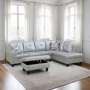 Light Grey Semi-PU Leather Sectional Sofa - Modern L-Shaped Design, Tufted Cushions, Decorative Pillows, Storage Ottoman - 1 of 4