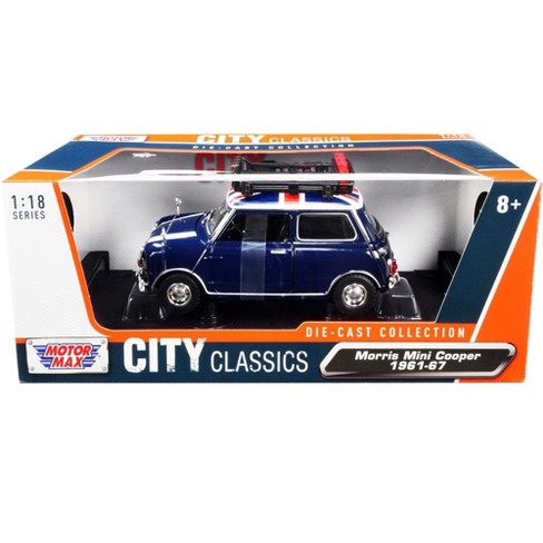 1961-1967 Morris Mini Cooper RHD Dark Blue with British Flag on the Top and  Roof Rack 1/18 Diecast Model Car by Motormax