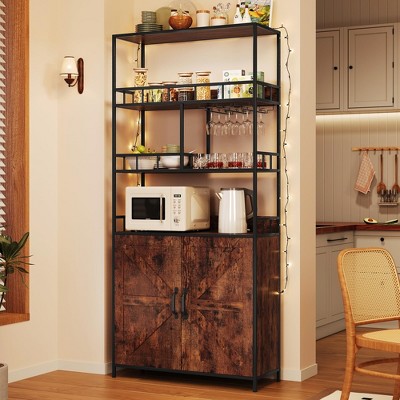 Tall Bar Cabinet 70.8" Bakers Rack with Cabinet Large Microwave Stand with Glass Holder