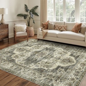 Washable Living Room Rug Vintage Rug Traditional Floral Distressed Accent Carpet Low Pile Non-Slip Floor Mat - 1 of 4
