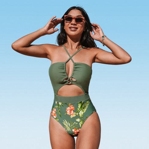 Women s Cutout One Piece Crisscross Front Drawstring Bathing Suit Cupshe x large green Floral Target