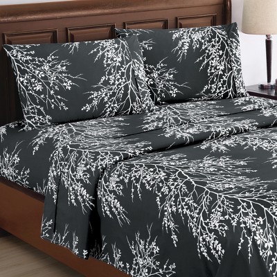 Black Floral Polyester Full/Double Flannel Sheet Set