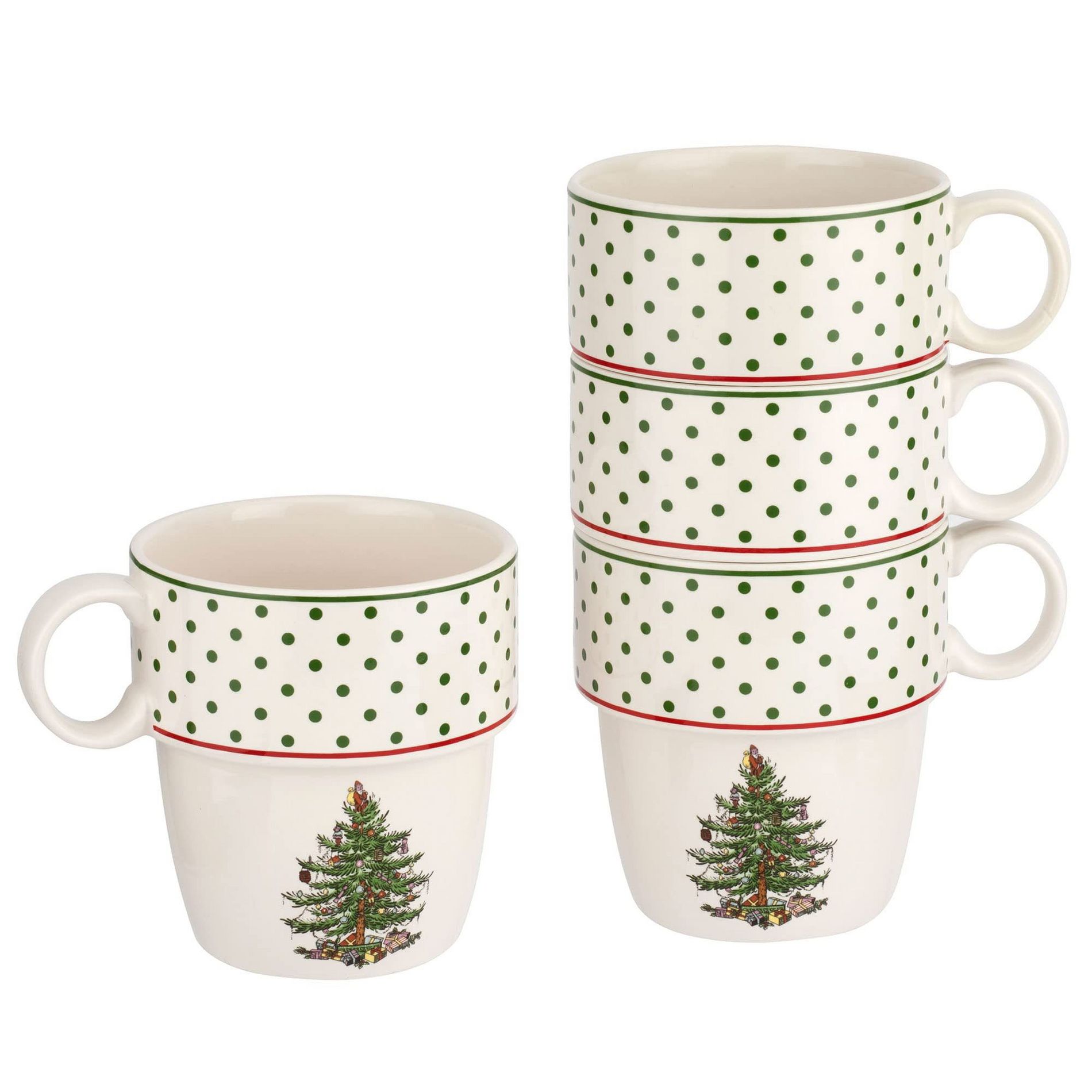 Spode Christmas Tree Polka Dot Stackable Mugs, Set of 4 - Festive 10oz Mugs, Dishwasher, Microwave, Freezer Safe - Fine Earthenware Holiday Mugs