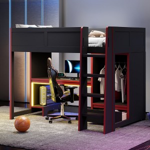 Merax Wood Gaming Loft Bed with Built-in Desk, LED Lights, Wardrobe, and Drawer - 1 of 4