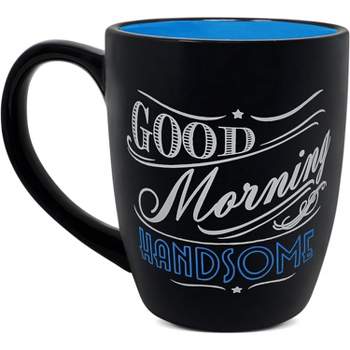 KOVOT Good Morning Handsome Coffee Mug | 18-Oz Ceramic Tea Cup - Stylish Black with Cool Blue Interior