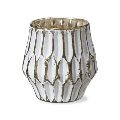 tag White Aria Glass Tealight Candle Holder, 3.9L x 3.9W x 3.9H inches, Decorative Tabletop Mantel Centerpiece Wedding