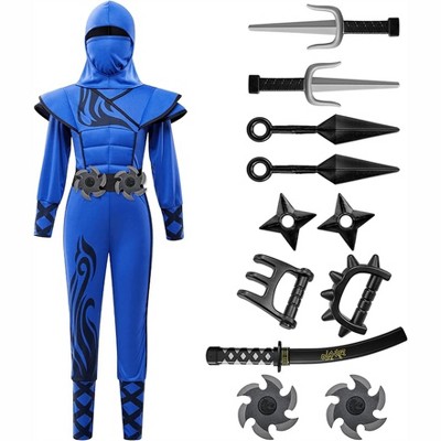 Joyfy Halloween Blue Ninja Costume for Kids, Ninja Stealth Flame Costume for Boys Girls, Halloween Kung Fu Outfit for DressUp Themed Party