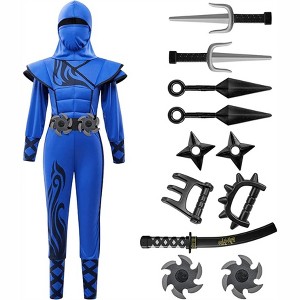 Joyfy Halloween Blue Ninja Costume for Kids, Ninja Stealth Flame Costume for Boys Girls, Halloween Kung Fu Outfit for DressUp Themed Party - 1 of 4