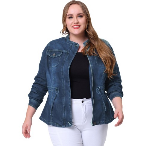 Agnes Orinda Women's Plus Size Zip Closure Drawstring Denim Jacket Navy Blue 1x Target