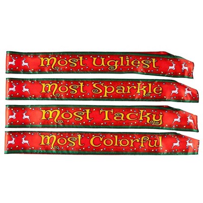 Juvale 4 Pack Ugly Christmas Sweater Party Sashes for Holiday, Red (32.5 x 3.7 in)