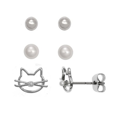 FAO Schwarz Cat, Simulated Pearl, Ball Stud Earring Set