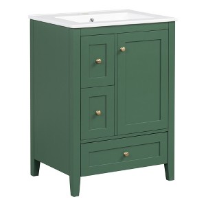 Gulches 24 Inches 1 Sink Freestanding Dark Green Bath Vanity with White Ceramic Top 3 Drawers Cabinet Adjustable Shelf - 1 of 4