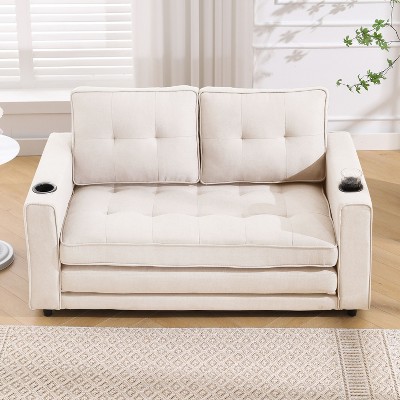 NicBex 3-in-1 Upholstered Convertible Sleeper Chair,Modern Pull-out Sofa Bed with Cup Holder Design,Couches with Side Pockets for Living Room,Beige