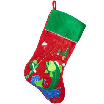 Northlight 19.5" Red Velveteen Fishing Themed Christmas Stocking with Green Cuff