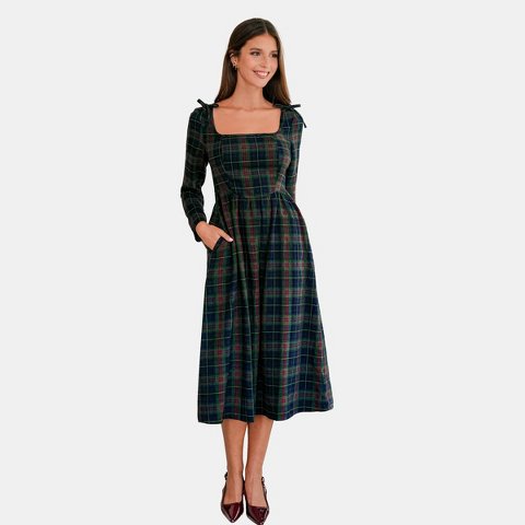 Женские платья Cupshe Women's Elegant Tartan Plaid Midi Dress with Puff Sleeves-L-Green