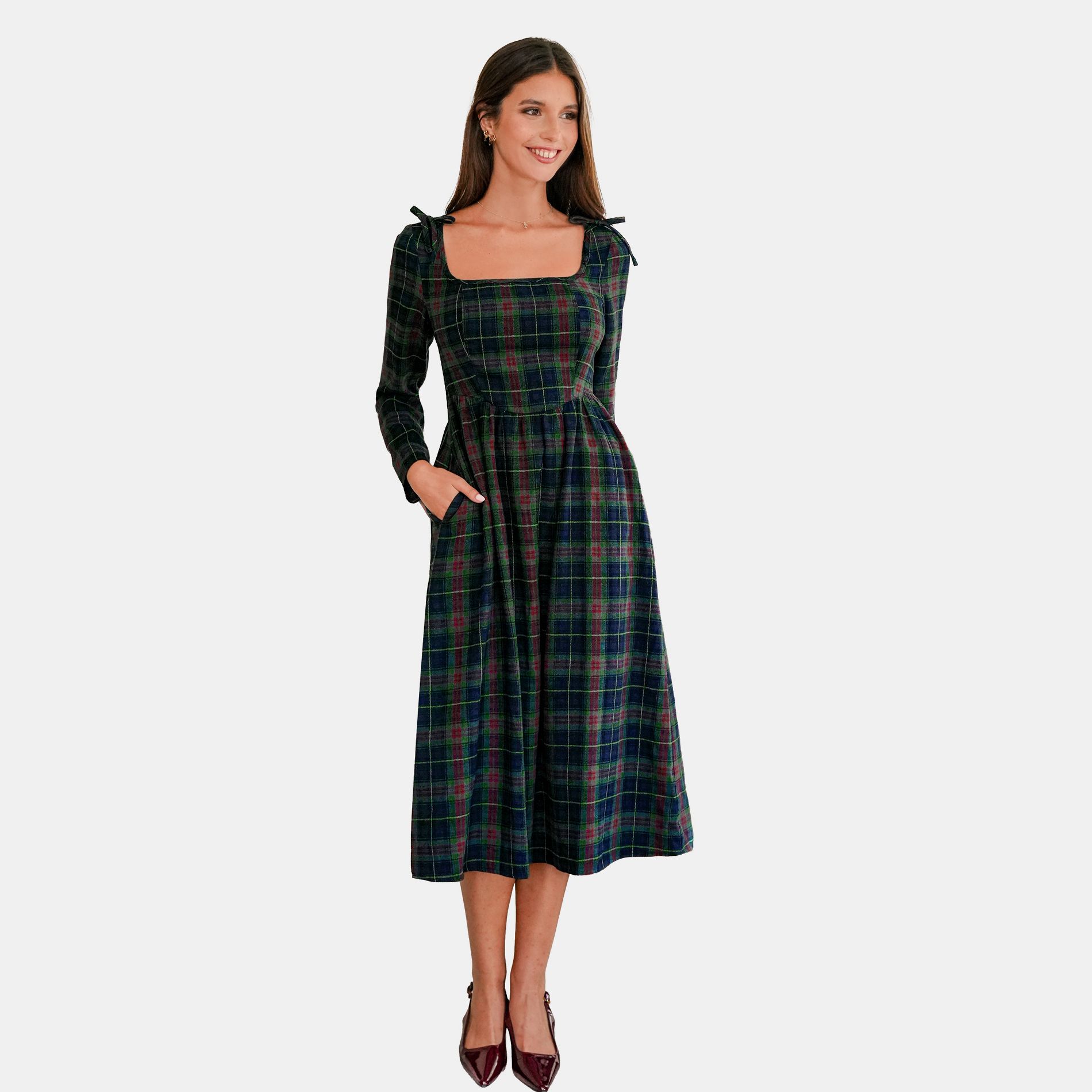 Women's Elegant Tartan Plaid Midi Dress with Puff Sleeves - Cupshe