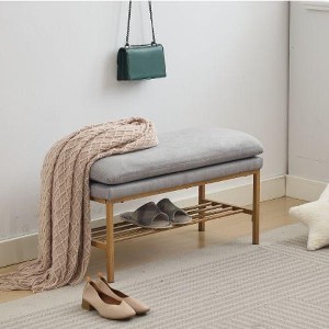 Kumasinova End of Bed Bench with Shelf, Linen Upholstered Storage Shoe Bench, Modern Bedroom Ottoman Bench with Wood Grain Metal Legs - 1 of 4