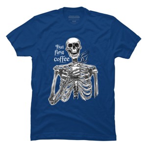 Men's Design By Humans Halloween skeleton drinking coffee. But first coffee By melazergDesign T-Shirt - 1 of 2