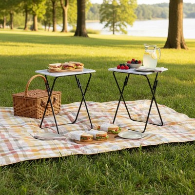 FurnitureR Folding TV Tray Tables, Foldable Side Table Dinner Trays, Marble Print Finish Snack Tables for Bed Couch Sofa, Space Saving, 2PCS, White